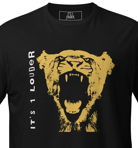 Flat front view of the black Rock and Roar tee with gold roaring big cat and vertical It's 1 Louder text