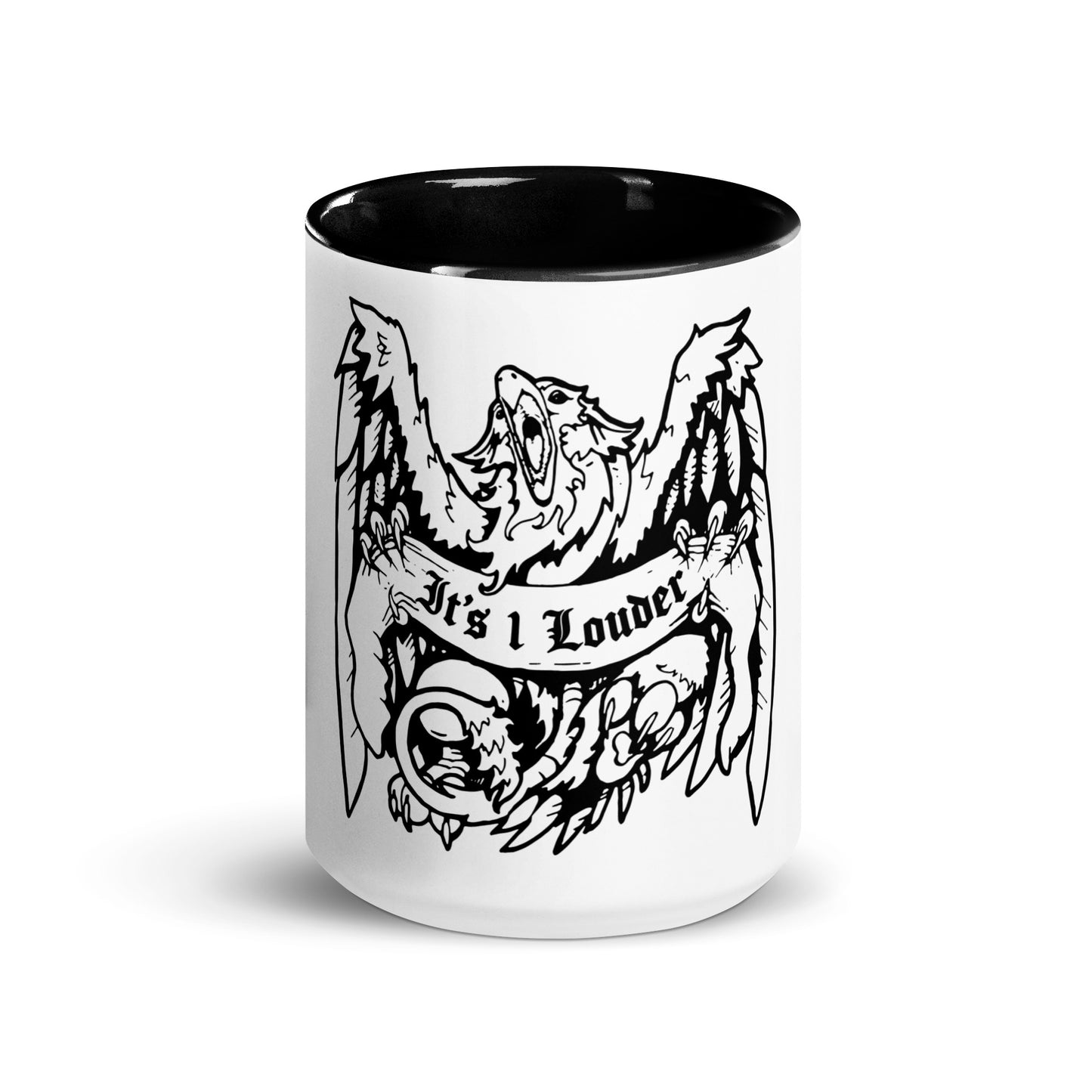 A white ceramic mug on the outside and black on the inside. The handle is also black. There is a design of a griffin (half-lion half-eagle creature) gripping a banner that says the words IT'S 1 LOUDER on it. It is a front view of the mug and griffin who has its beak wide open and both wings spread wide open. You also see the curled lion's tail.