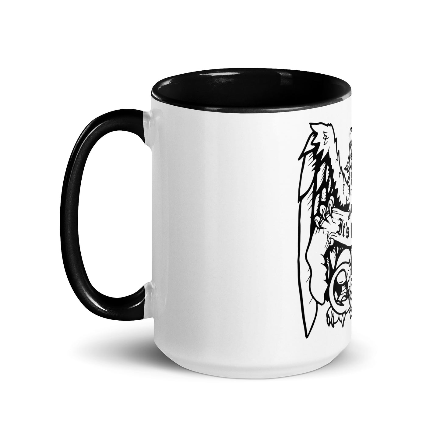 As side view of a white ceramic mug on the outside and black on the inside. The handle is also black. There is a design of a griffin (half-lion half-eagle creature) gripping a banner that says the words IT'S 1 LOUDER on it. We only see a partial view of the design since it's a side view of the mug. 