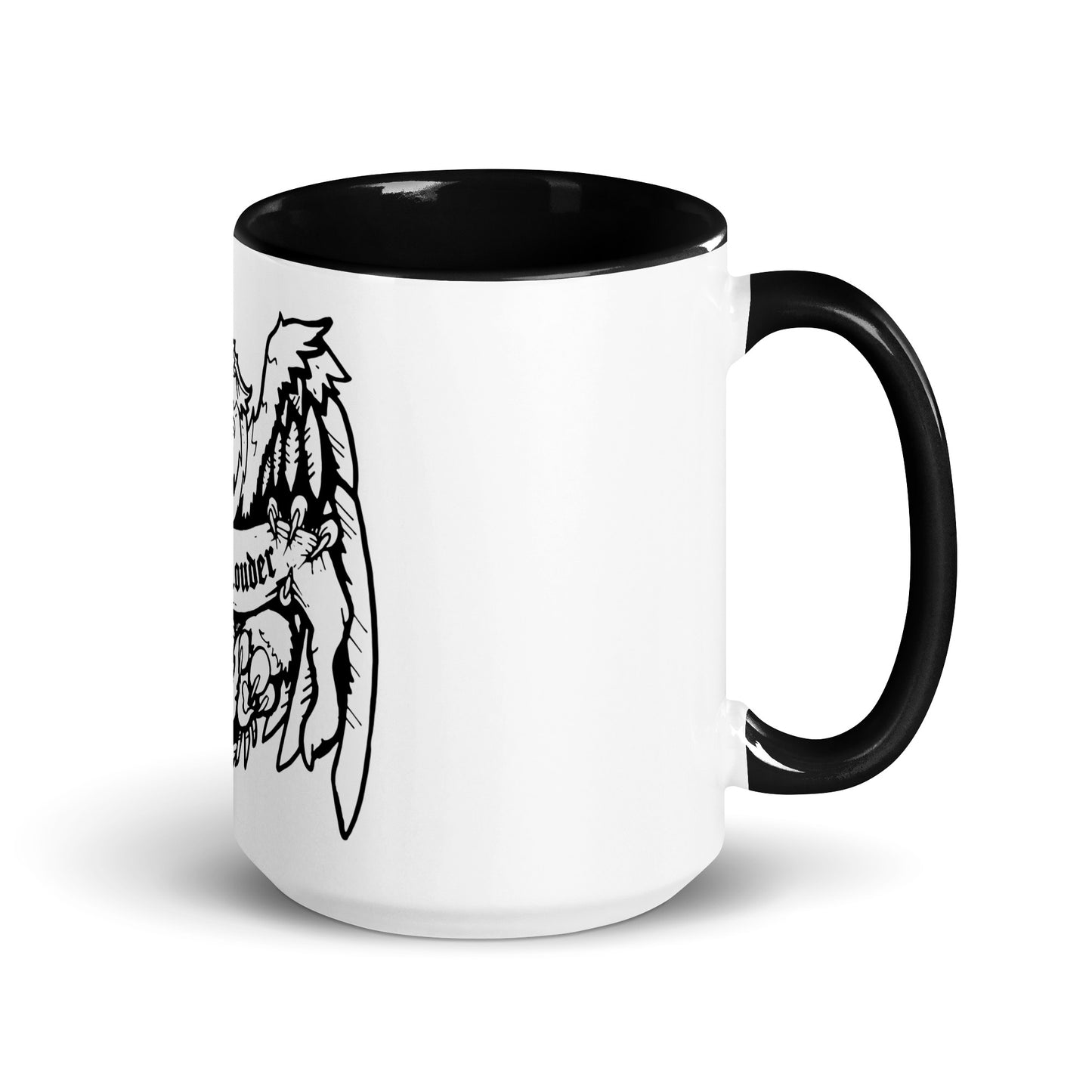 As side view of a white ceramic mug on the outside and black on the inside. The handle is also black. There is a design of a griffin (half-lion half-eagle creature) gripping a banner that says the words IT'S 1 LOUDER on it. We only see a partial view of the design since it's a side view of the mug.