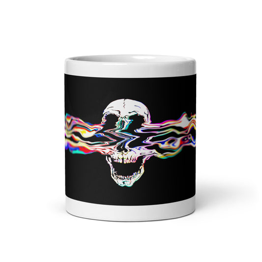 White glossy ceramic mug with Rebel Riser colorful glitch skull graphic - 11 oz rock music coffee mug